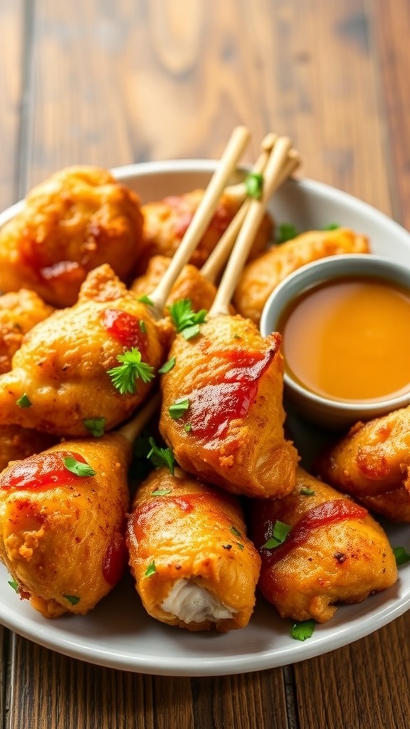 Crispy Air Fryer Chicken Lollipops Recipe Crispy air fryer chicken lollipops served on a plate with dipping sauce and garnished with herbs.